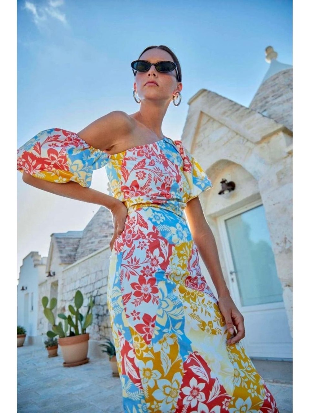 HUNTER BELL One-Shoulder Floral Maxi Dress in Red, Blue & Yellow